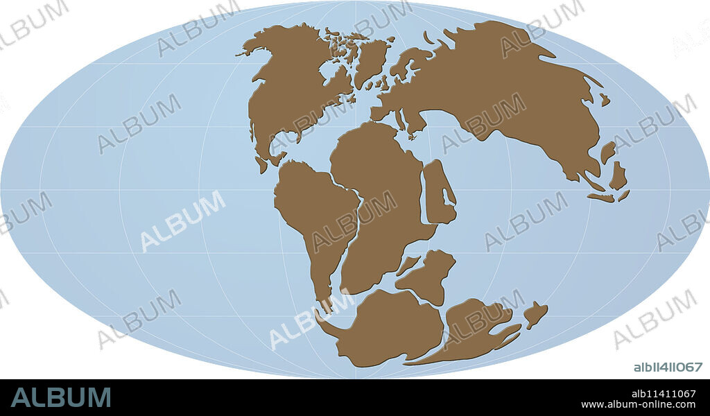 Two of the masses separate, creating the continent Laurasia to the north (comprising today_s North America and the Eurasian continent) and the continent Gondwana to the south (comprising today_s South America, Africa, India, and Australia). The Indian Ocean gradually opens. Pangaea no longer exists.