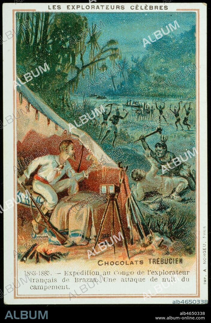 ' Expedition au Congo de l'explorateur francais Pierre SAVORGNAN DE BRAZZA (1852-1905). Une attaque de nuit du campement.' De Brazza et H. M. Stanley se sont rencontres au Congo belge. Chromo publicitaire pour les chocolats Trebucien, serie ' Les explorateurs celebres ', debut 20eme siecle. Credit: Collection Grob/KHARBINE-TAPABOR.