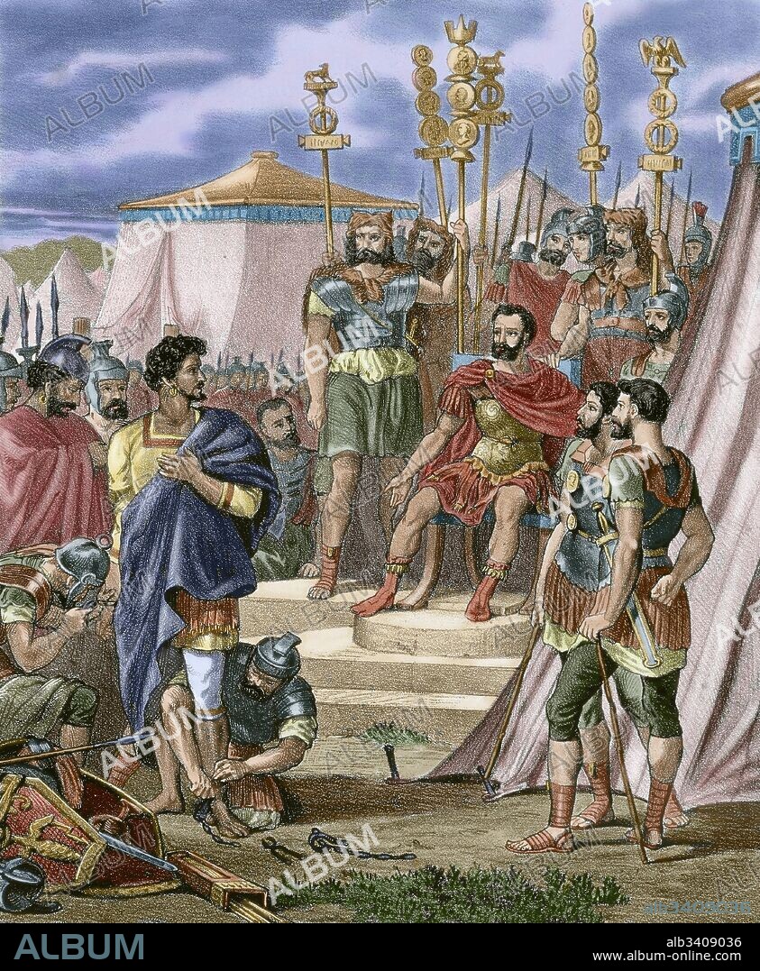 Publio Cornelio Escipión "el Africano" (Roma, 236 a. C-Liternum, 183 a. C.) General y político romano que luchó contra los cartagineses en Hispania durante las guerras púnicas. Cartagho Nova fue tomada en 209 a. C. Escipión "el Africano" prohibió el saqueo de la ciudad y respetó la vida de la ciudadanía. Grabado del siglo XIX representando el rasgo generoso de Escipión. Coloreado.