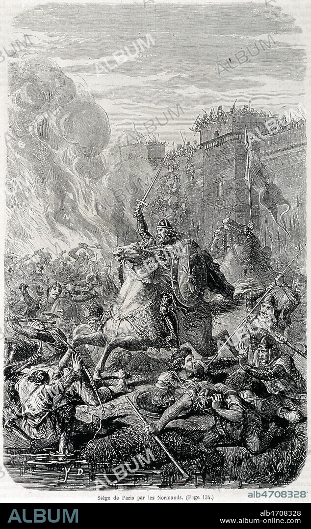 Gravure representant le siege de Paris par les Normands qui eu lieu au 9eme s. Illustration de Yan D'ARGENT (1824-1889) tiree de l'Histoire Populaire de la France publiee en 1862. Credit : Coll. Jonas/KHARBINE-TAPABOR.