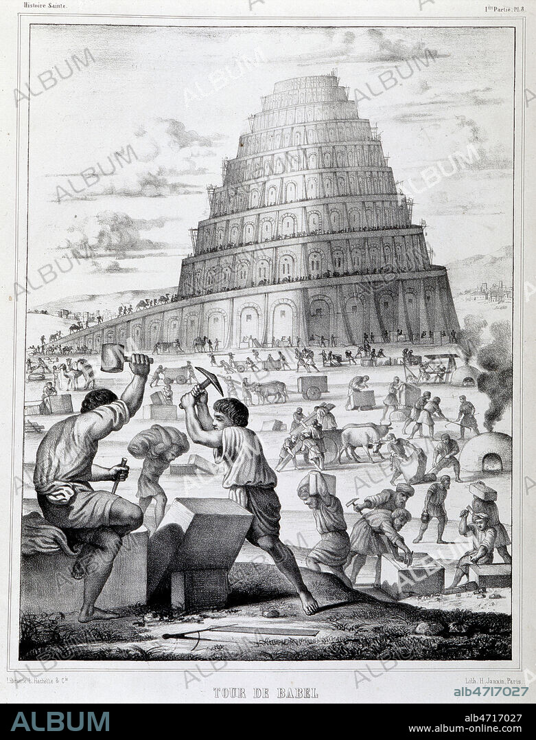 Construction de la Tour de Babel, lithographie par H. Jannin in Histoire Sainte. Credit : Collection KHARBINE-TAPABOR.