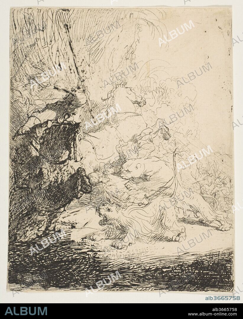 The small lion hunt, with two lions. Artist: Rembrandt (Rembrandt van Rijn) (Dutch, Leiden 1606-1669 Amsterdam). Dimensions: sheet: 6 1/16 x 4 15/16 in. (15.4 x 12.5 cm). Date: ca. 1632.