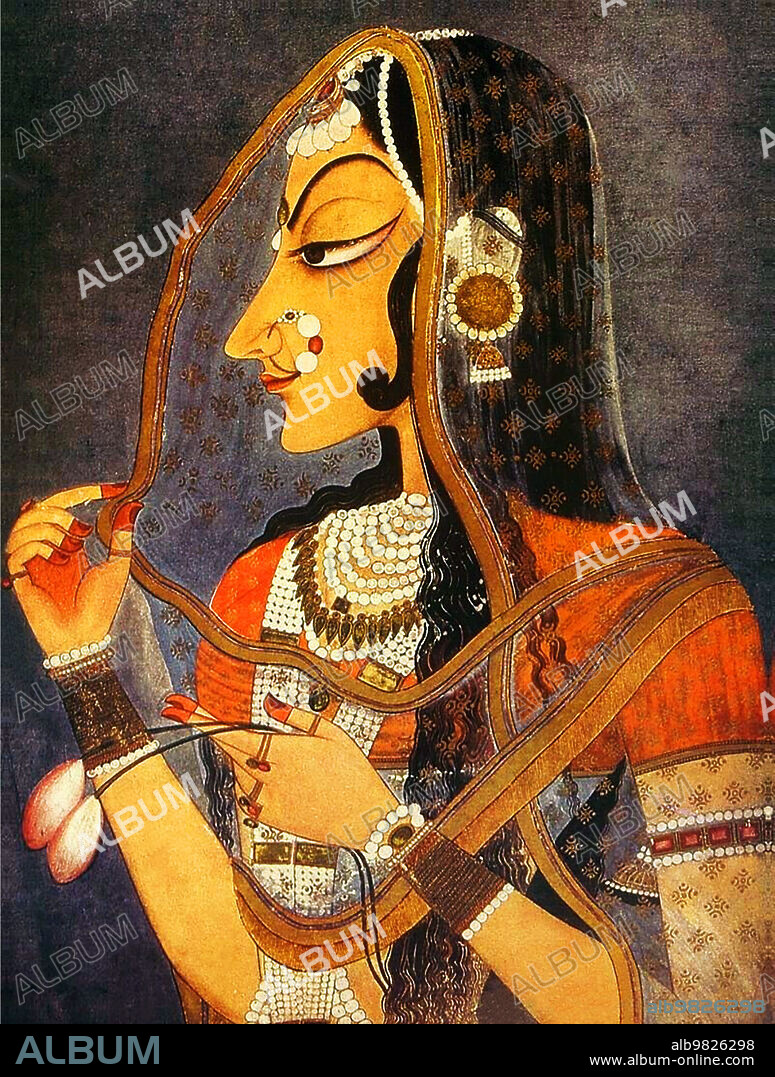 India: Bani Thani, 'Lady of Fashion', a famous Rajasthani painting of the Kishangarh school sometimes called 'India's Mona Lisa'. Miniature painting by Nih¢l Chand (1710-1782), c. 1750s.<br/><br/>. Kishangarh Painting emerged as a distinctive style in the middle of the 18th century under the patronage of Maharaja Sawant Singh. Nihal Chand, a gifted artist in the Maharaja's court, produced some highly individualistic and sophisticated works.<br/><br/>. The chief characteristics of the Kishangarh paintings were the elongation of human faces, lavish use of green and depiction of panoramic landscapes.