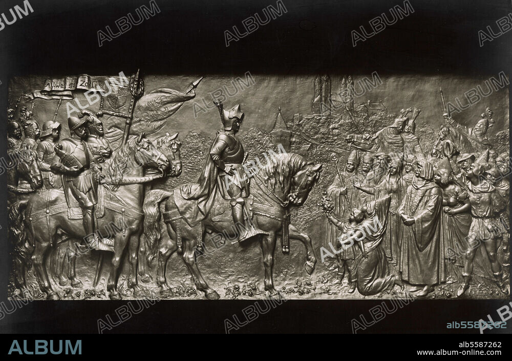 Frederick I of Hohenzollern, 1371 - 1440, Elector of Brandenburg (as Frederick I) from 1415 until his death. Entry of Frederick I in Brandenburg (1412). Relief by Ernst Herter (1846-1917).