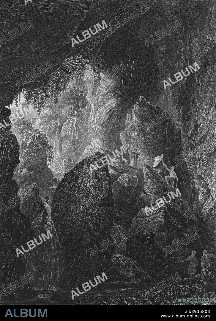 'Dunold Mill-Hole, Near Lancaster', 1845. A subterranean natural cavern with underground river, also known as Dunald Mill-hole. After George Pickering (1794-1857). From Fisher's drawing room scrap book - with poetical illustrations by L.E.L., by Letitia Elizabeth Landon. [Fisher, Son & Co., London, 1845].