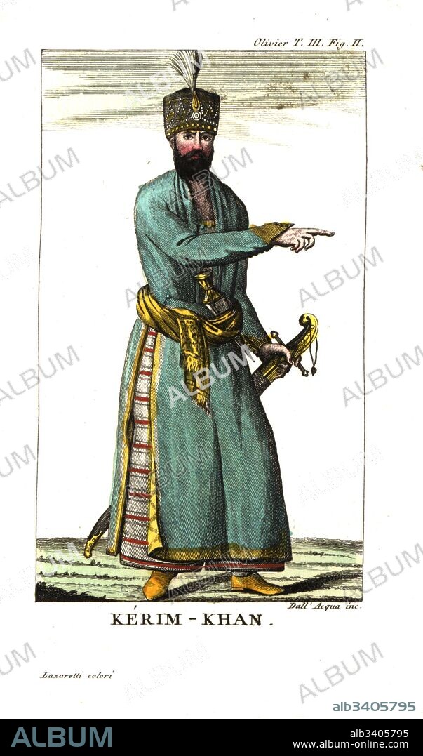 Mohammad Karim Khan Zand or Karim Han, founder of the Zand Dynasty, 1705-1779. Illustration from Guillaume-Antoine Olivier’s Travels in the Ottoman Empire, Egypt and Persia, 1801. Copperplate engraving by Dell'Acqua handcoloured by Lazaretti from Giovanni Battista Sonzogno’s Collection of the Most Interesting Voyages (Raccolta de Viaggi Piu Interessanti), Milan, 1815-1817.