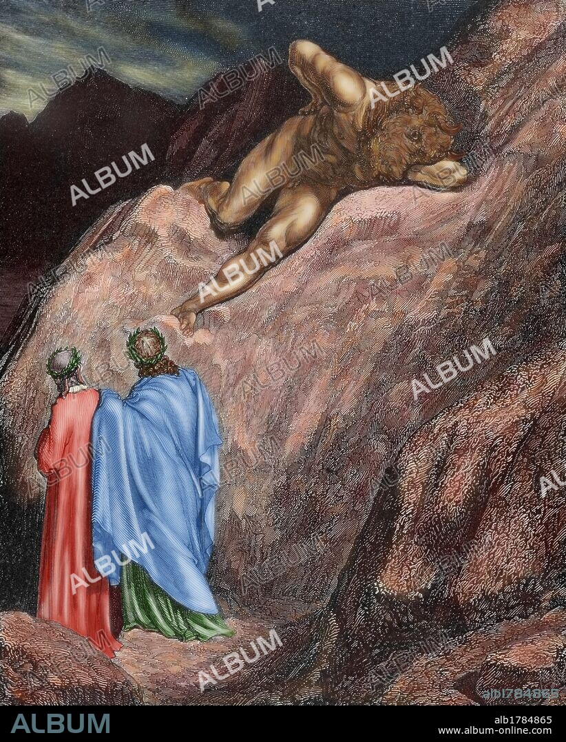 PAUL GUSTAVE DORÉ (basado en). "LA DIVINA COMEDIA". Poema escrito en toscano donde se relata el viaje de su autor, DANTE ALIGHIERI, para llegar a la CONTEMPLACION DIVINA. "Y AL BORDE DE LA CAVERNA ESTABA TENDIDO EL QUE FUE OPROBIO DE CRETA" (Infierno, c. XII). Grabado de Gustave DORE. Coloreado.