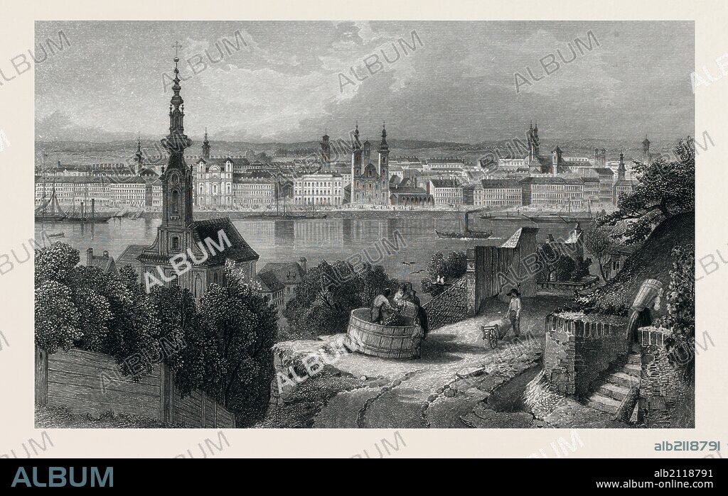 Budapest, Pest, Buda, Raitzenstadt, Taban, Hungary, 19th century. Art work by Ludwig Rohbock, 1820, 1883, German, Donau, river, people, town, curch, churches, food and drink, liszt gourmet archive.
