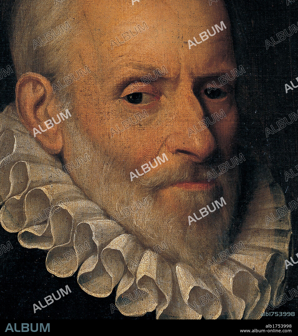 Portrait of a Doctor (Ludovico Settala?), by Galizia Fede, 17th Century, oil on canvas. Private collection. Detail. Portrait of a physician. Some veins appear on the surface of his temples and his forehead is wrinkly. He wears a black outfit and a white ruff / frilled collar. His hair and beard are white.