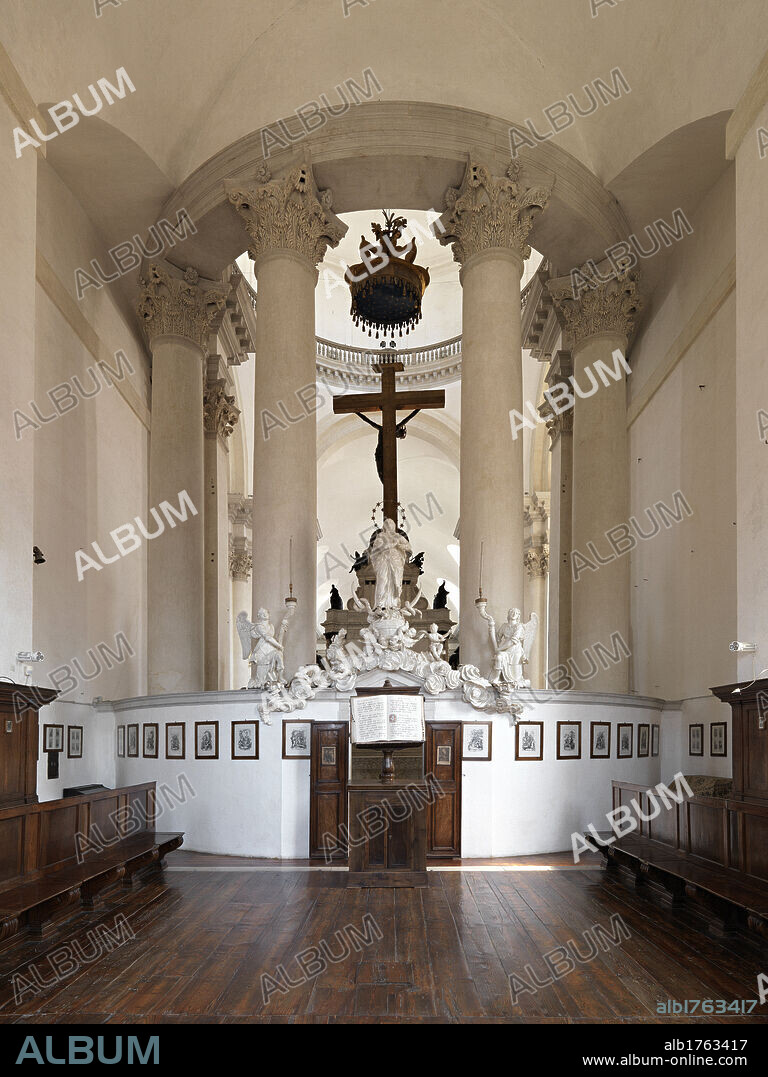 Church of the Redentore, Venice, by Andrea di Pietro della Gondola known as Palladio, 1576 post, 16th Century,. Italy, Veneto, Venice, The Redentore Church. View interior Church of the Redentore columns entablature choir, 2009 photograph.