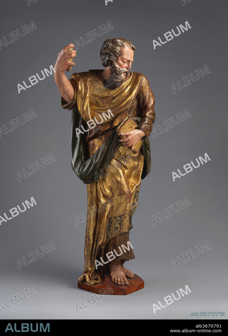 Apostle or Saint. Artist: Alonso Berruguete (Spanish, Paredes de Nava (Palencia) 1486-1561 Toledo). Culture: Spanish, Valladolid. Dimensions: confirmed: 40 9/16 × 14 9/16 in., 65 lb. (103 × 37 cm, 29.5 kg). Date: ca. 1520s.
The figure's dynamic twist and its finish on three sides suggest that this sculpture stood on an outer corner of a retablos, or a multistoried altarpiece composed of sculptures and paintings. That larger ensemble, and the unidentified chapel or church of its origin, would have provided more clues to the bearded figure's identity.
Berruguete visited Italy in the age of Michelangelo and returned to Spain to become one of the country's most important sculptors. His expressive figures, often represented in dramatic movement, stand at the head of that country's centuries-long tradition of carved and painted sculpture.