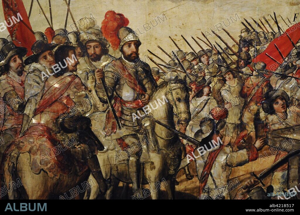 Título: Conquista de México. Autor: Anónimo. Tabla, pintura al óleo, nácar. Técnica: Enconchado. Escena de Cortés ordenando quemar y destrozar los ídolos. Detalle. 1676-1700. Escuela Mexicana. Virreinato de la Nueva España. México. América del Norte. Museo de América. Madrid. España.