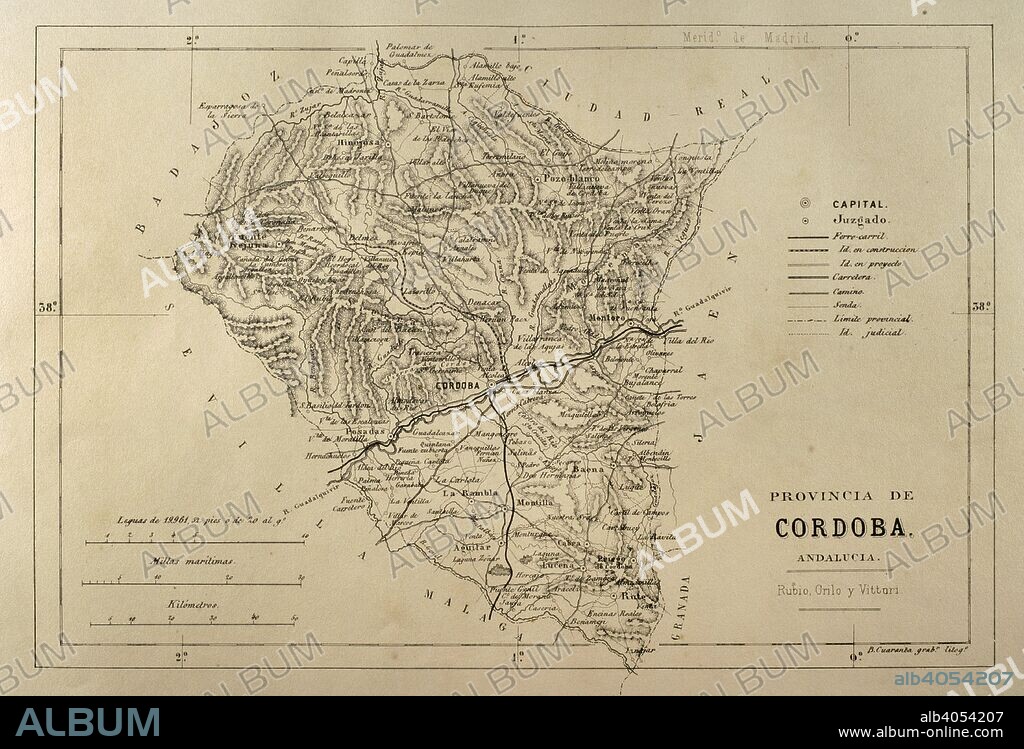 Mapa de la provincia de Córdoba. Andalucia, España. Crónica General de España, Historia Ilustrada y Descriptiva de sus Provincias. Andalucía, 1867. Biblioteca Histórico Militar de Barcelona, Cataluña, España.
