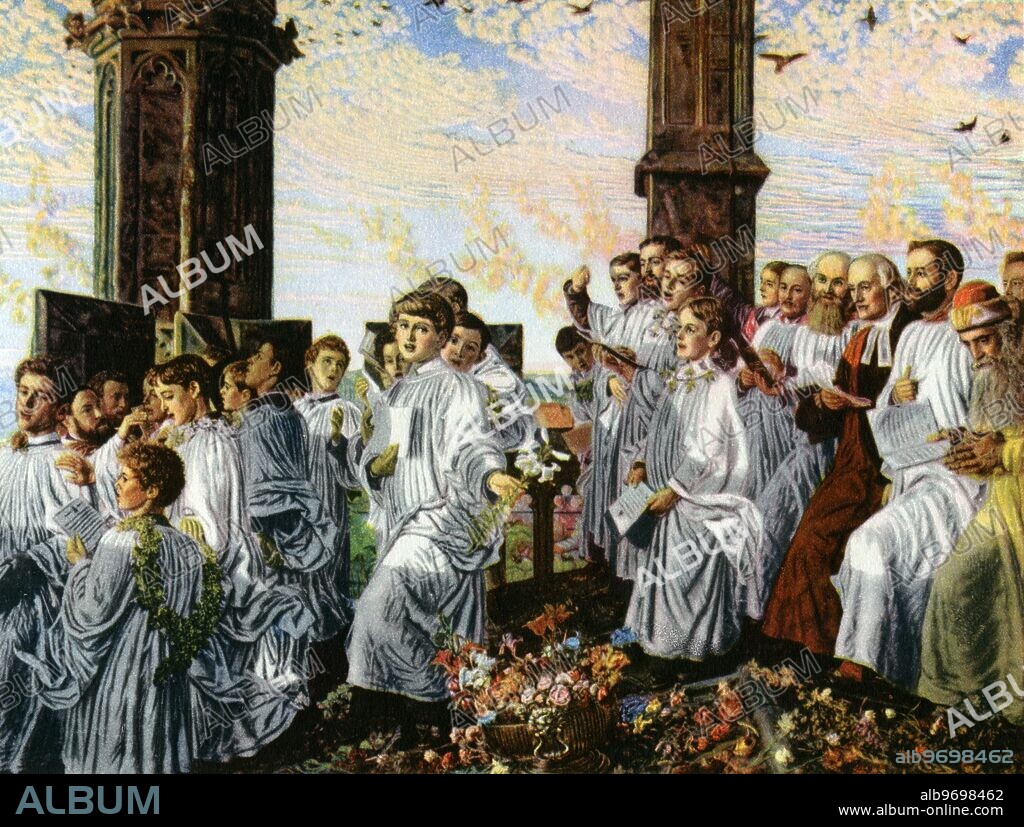 MAY MORNING ON THE MAGDALENE TOWER . Oil painting by William Holman Hunt ( c. 1888 - 1890 ). The choristers of Magdalen College , Oxford , are singing a hymn to the rising sun on the first day of May.