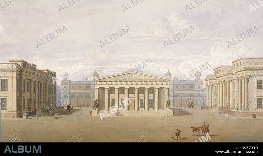 Trafalgar Square, Westminster, London, 1828. View showing the design for a building to house the Royal Academy of Arts with King's Mews in the distance.