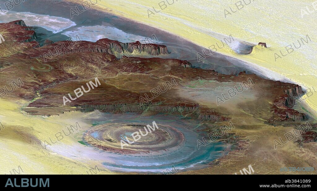 This prominent circular feature, known as the Richat Structure, in the Sahara desert of Mauritania is often noted by astronauts because it forms a conspicuous 30-mile-wide bull's-eye on the otherwise rather featureless expanse of the desert. Initially mistaken for a possible impact crater, it is now known to be an eroded circular anticline (structural dome) of layered sedimentary rocks. This view was generated from a Landsat satellite image draped over an elevation model produced by the Shuttle Radar Topography Mission. The view uses a 6-times vertical exaggeration to greatly enhance topographic expression. Colors of the scene were enhanced by use of a combination of visible and infrared bands, which helps to differentiate bedrock (browns), sand (yellow, some white), minor vegetation in drainage channels (green), and salty sediments (bluish whites). Some shading of the elevation model was included to further highlight the topographic features. Elevation data was acquired by the SRTM aboard the Space Shuttle Endeavour, launched on February 11, 2000.