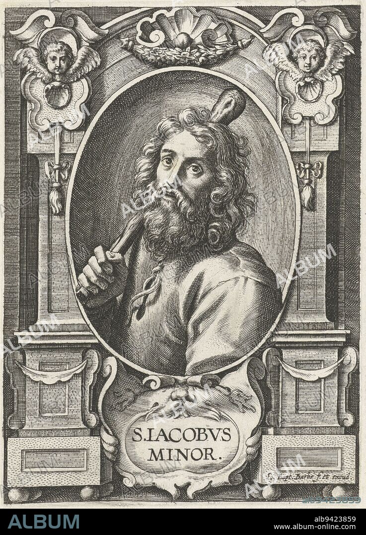 Apostle James the Lesser (James Minor) with club in frame with architectural ornaments S Iacobvs Minor SS. Apostolorum et Evangelistorum Icones , print maker: Jan-Baptist Barbé, (mentioned on object), intermediary draughtsman: Theodoor van Loon, publisher: Jan-Baptist Barbé, (mentioned on object), 1588 - 1648, paper, engraving, h 129 mm × w 94 mm.
