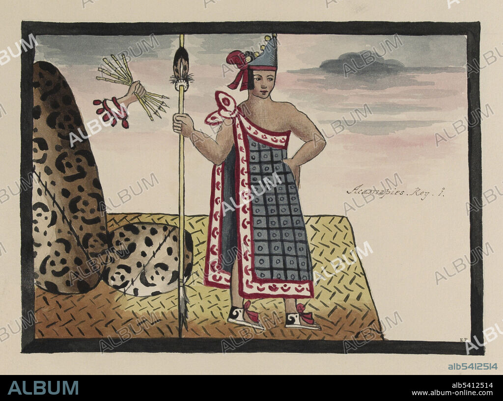 Acamapichtli, holding a spear or scepter, standing on a reed mat. Above him is a hand holding reeds. To the right are jaguar skins. He is dressed in the clothes of the highest priests. The designs on his sandals are associated with the god Quetzalcoatl and with his Toltec ancestors. Acamapichtli (reign 1376-1395) was the first tlatoani, or ruler, of the Aztecs of Tenochtitlan, and founder of the Aztec imperial dynasty. He was an astute politician who strengthened his position more by alliances with his neighbors than by wars. Before his death, Acamapichtili called together the chiefs of the four neighborhoods into which he had divided the city, and asked them to elect his successor. They chose his eldest son Huitzilíhuitl. The Tovar Codex (16th century)  contains detailed information about the rites and ceremonies of the Aztecs. The codex is illustrated with 51 full-page paintings in watercolor.  Illustration taken from a 19th century transcript of Juan de Tovar's Historia de la benida de los yndios apoblar a Mexico (the Co´dice Tovar).