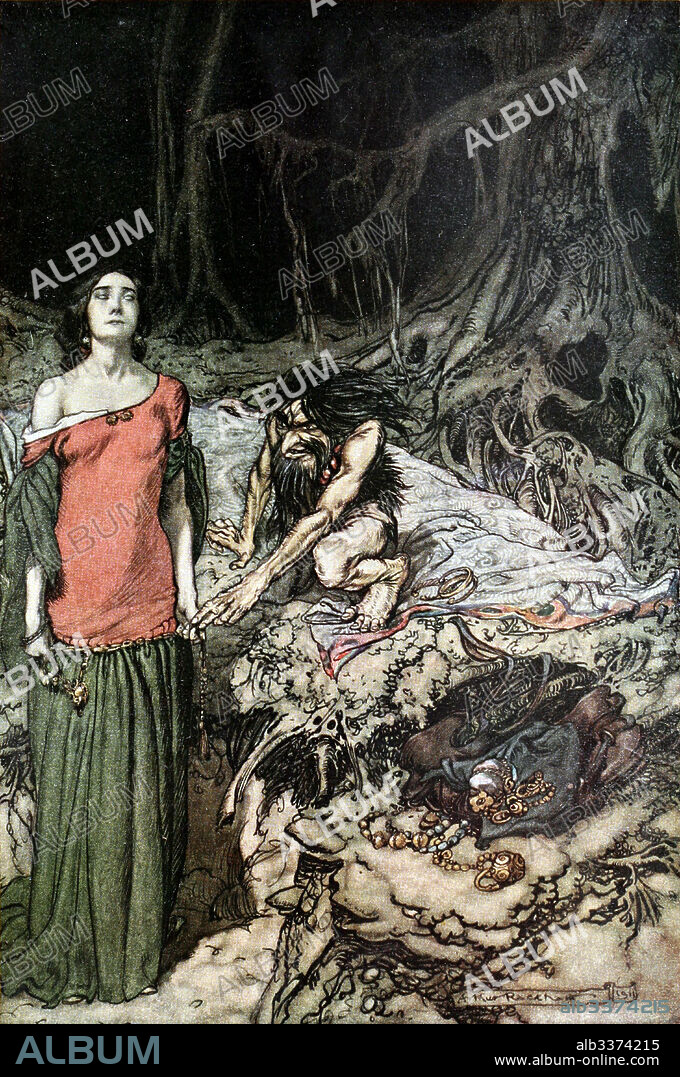ARTHUR RACKHAM. The wooing of Grimhilde, the mother of Hagen. Illustration for "Siegfried and The Twilight of the Gods" by Richard Wagner.