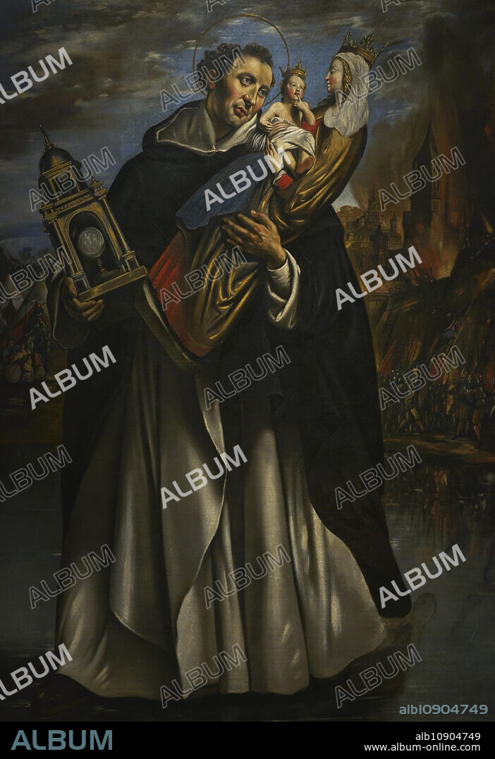 JUAN BAUTISTA MAINO (1581-1649). SPANISH PAINTER.. San Jacinto de Cracovia (h. 1185-1257). Sacerdote polaco de la Orden de Predicadores. Pintura que representa un milagro de San Jacinto, caminando sobre las aguas del río Dniéper, en la ciudad de Kiev, portando una custodia en su mano izquierda y una imagen escultórica de la Virgen con el Niño en la derecha, dejando tras de él las huellas de sus pies y resguardándose del ataque de los tártaros, que asediaban la ciudad. Realizada por Juan Bautista Maino (1581-1649) h. 1620-1624. Oleo sobre lienzo, sin barnizar. Procedente del antiguo convento de San Pedro Mártir, Toledo. Museo de Santa Cruz. Toledo. España. (en depósito, Universidad de Castilla-La Mancha).