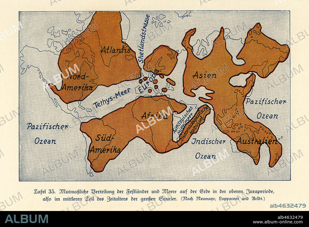 Map of the continents and seas in the Upper Jurassic era. Atlantis, North America, South America, Africa, Europe, Indonesian Peninsula, Asia and Australia. Tethys Ocean, Shetland Strait, Colour print after an illustration from Wilhelm Bolsches Das Leben der Urwelt, Prehistoric Life, Georg Dollheimer, Leipzig, 1932.