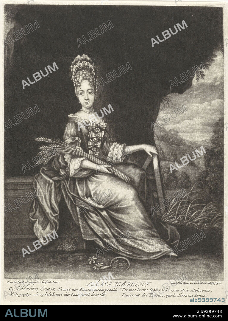 Silver Age, Jacob Gole, 1670 - 1724, The Silver Age: a woman in a landscape with ears of corn in her hand and a sickle at her feet. The print refers to the mythologically inspired idea that during the Silver Age man had to deal with the seasons. People now had to work the land, seek shelter in houses and protect themselves from the cold. There was also talk for the first time of practicing the seven liberal arts. The print is part of a series on the four eras., print maker: Jacob Gole, (mentioned on object), publisher: Jacob Gole, (mentioned on object), Staten van Holland en West-Friesland, (mentioned on object), Amsterdam, 1670 - 1724, paper, engraving, h 248 mm × w 180 mm.