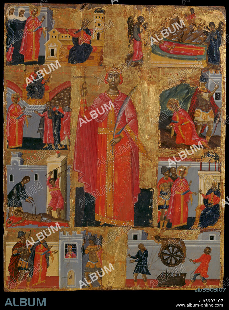 KONSTANTINOS TZANES. St Catherine and scenes from her life. Date/Period: 1650 - 1699. Icon. Height: 350 mm (13.77 in); Width: 275 mm (10.82 in).