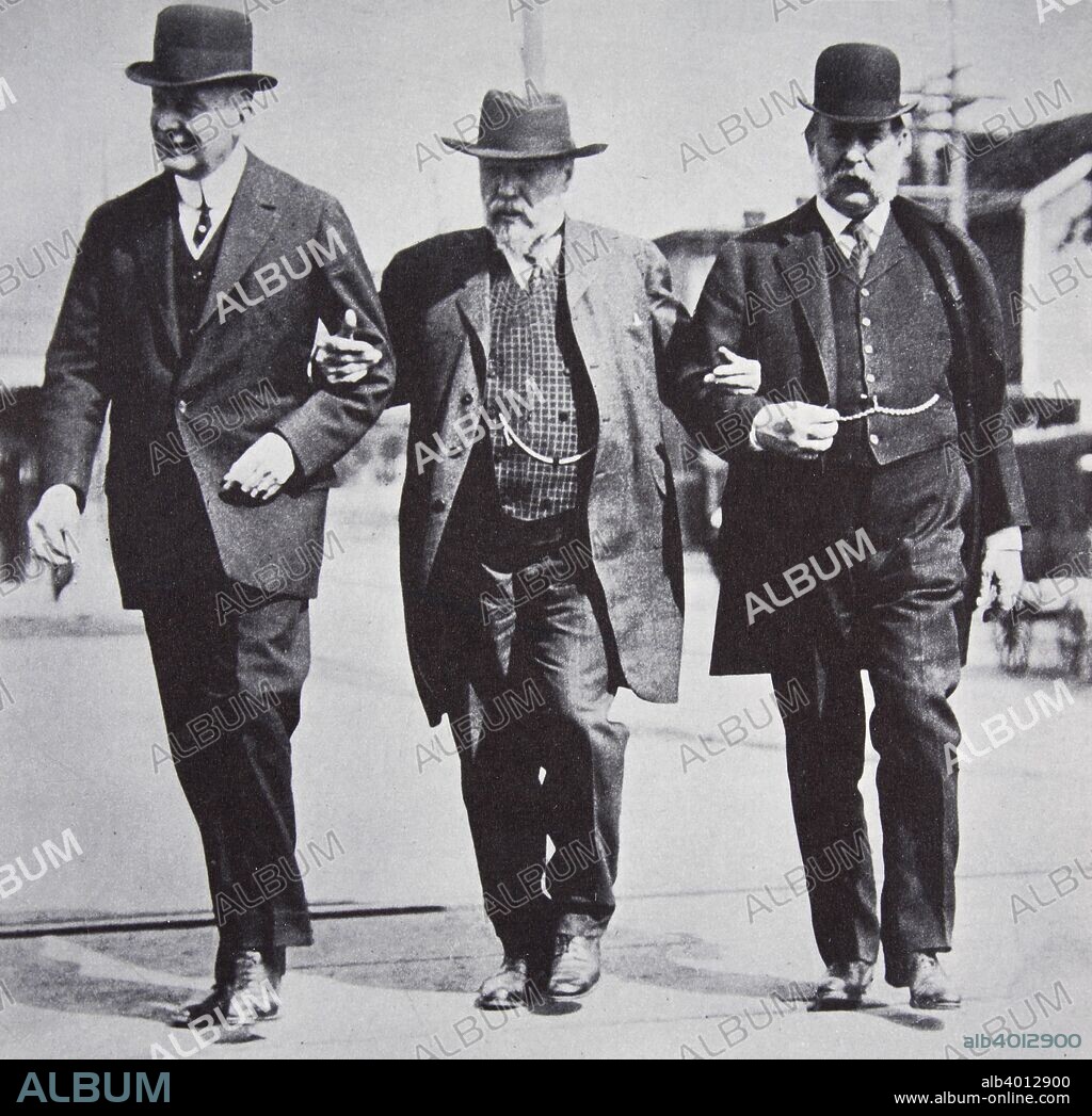 Three American businessmen, 1900s. James J Hill (1838-1916) of the Great Northern and Pacific Railroad, Charles Steele of JP Morgan and George F Baker (1840-1931) of the First National Bank.