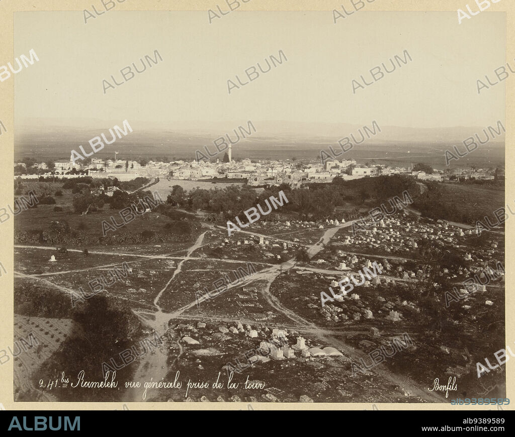 View of Ramla in Israel, S 2. View of Ramleh with the plains of Sharon and the mountains of Judea; in the foreground a Mohammedan cemetery. Palestine (title on object)241.bis Rameleh, vue generale prise de la tour. (title on object), View of Ramla in Israel. The photograph is part of the series of photographs from Israel, Palestine and Syria collected by Richard Polak., Bonfils (mentioned on object), Israël, c. 1895 - c. 1915, photographic support, paper, albumen print, height 212 mm × width 275 mmheight 466 mm × width 555 mm.