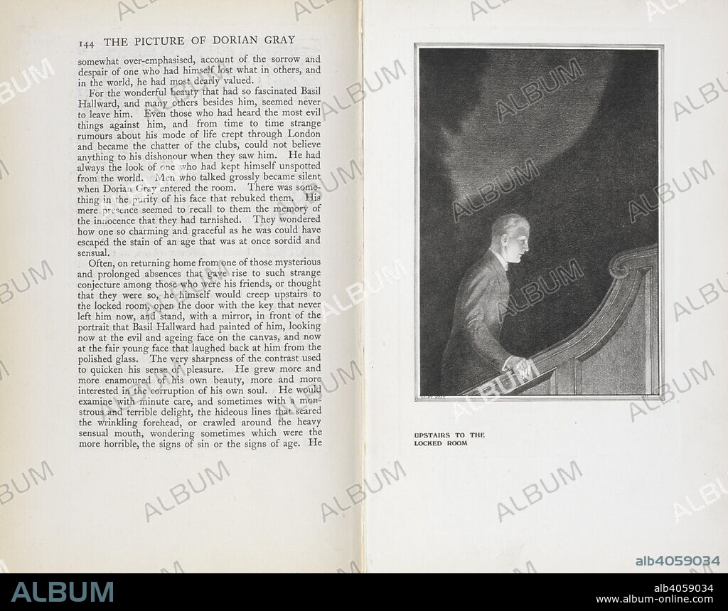 OSCAR FINGAL O'FLAHERTIE WILLS WILDE and HENRY KEEN. Text and an illustration, 'upstairs to the locked room', showing Dorian Gray. The Picture of Dorian Gray/ By Oscar Wilde ; with an introduction by Osbert Burdett ; authorized ed. with illustrations by Henry Keen. London: John Lane The Bodley Head; New York: Dodd, Mead and Co., 1925 Bungay, Suffolk: Richard Clay & Sons. Source: 012634.n.52 page 144 and 145.