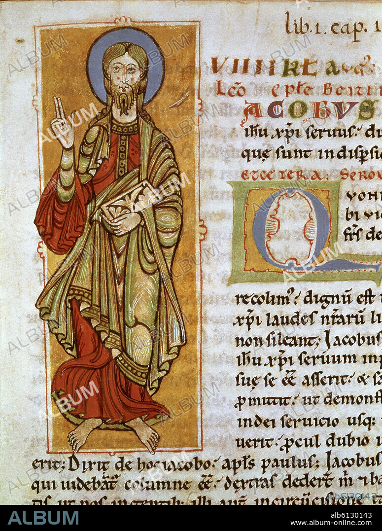 CODICE CALIXTINO - LIBER SANCTI IACOBI - LIBRO 1-CAPITULO 1 - 1150-1160 - DETALLE INICIAL MINIADA -MINIATURA DE SANTIAGO EL MAYOR.