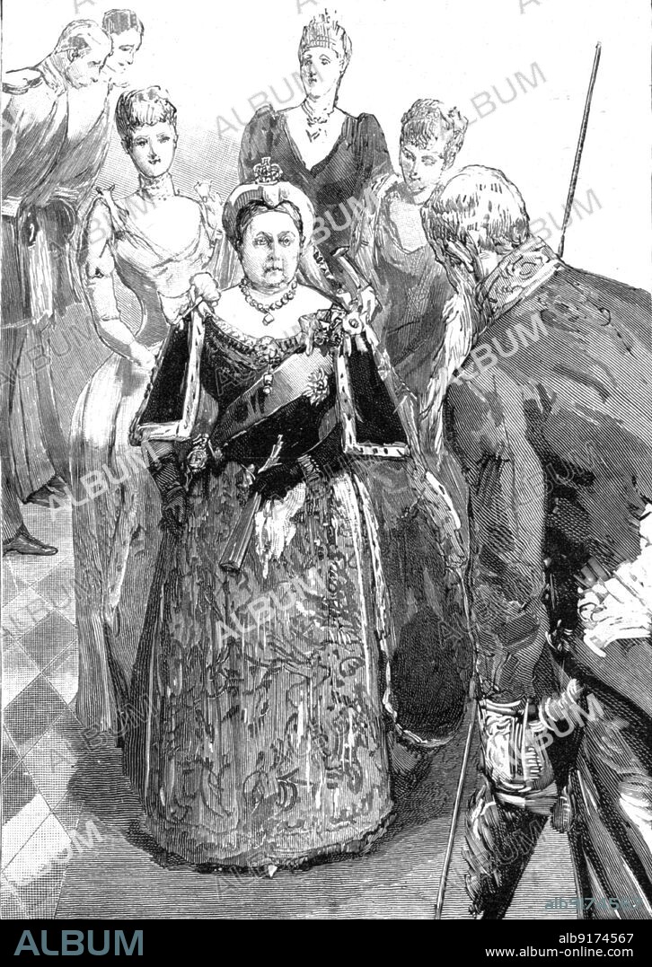 ''The Wedding of HRH Princess Louise of Schleswig-Holstein and HH Prince Aribert of Anhalt at St. Georges Chapel, Windsor, on July 6, 1891; The arrival of HM The Queen in St. Georges Chapel', 1891. From "The Graphic. An Illustrated Weekly Newspaper", Volume 44. July to December, 1891.