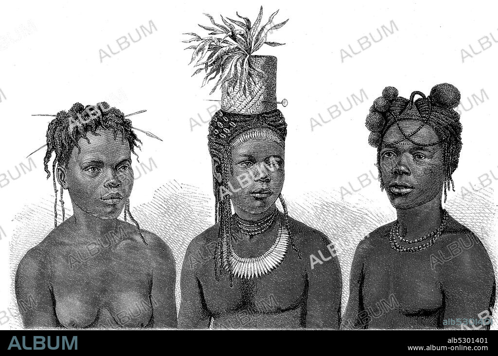 Women and men from the African tribe of the Niam-Niams, supposedly truncated people, in the interior of Africa, the existence of which, as often as the rumor of their existence was repeated, has not been proven  /  Frauen und Mann aus dem afrikanischen Volksstamm der Niam-Niams, angeblich Geschwänzte Menschen, im Inneren Afrika's, deren Existenz, so oft auch das Gerücht von ihrem Vorhandensein sich wiederholte, nicht hat erwiesen werden können, Reproduction of an original print from the 19th century, digital improved / Reproduktion einer Vorlage aus dem 19. Jahrhundert, digital verbessert.
