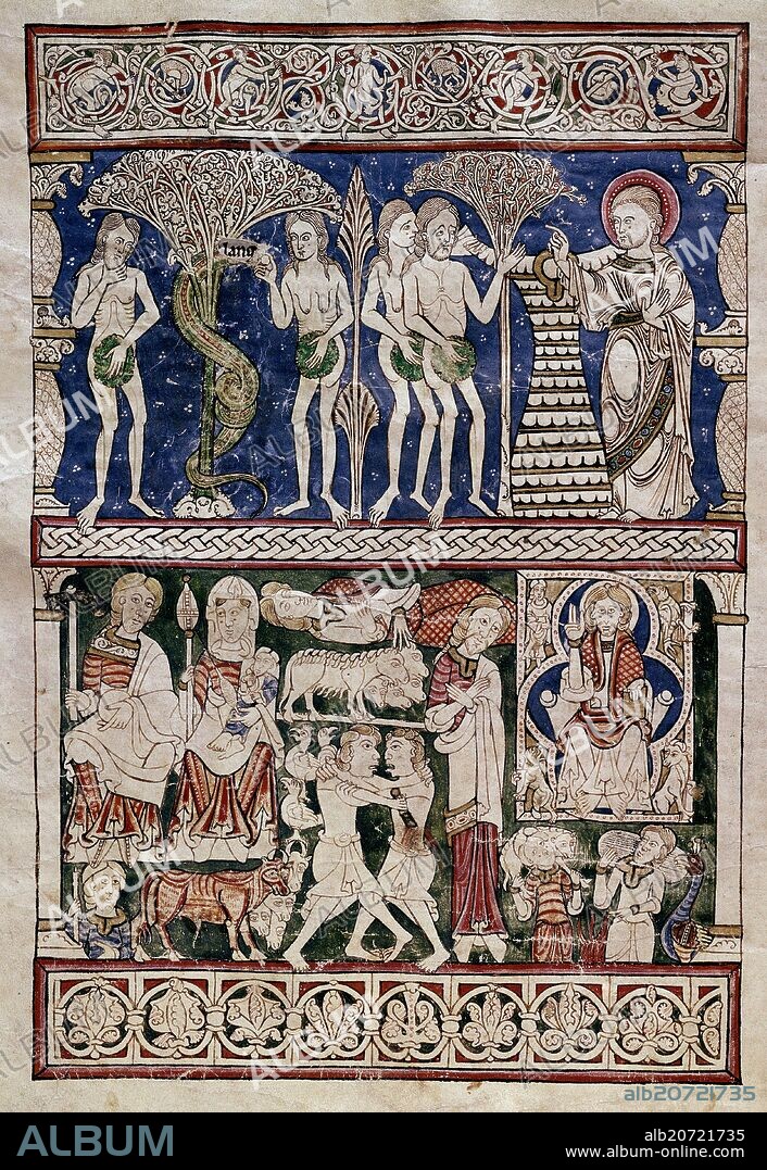 BIBLIA SACRA DE BURGOS - ADAN Y EVA, PECADO ORIGINAL, EXPULSION DEL PARAISO Y CAIN Y ABEL - SIGLO XII - MS 173-F 12V - PROCEDE DE SAN PEDRO DE CARDEÑA.