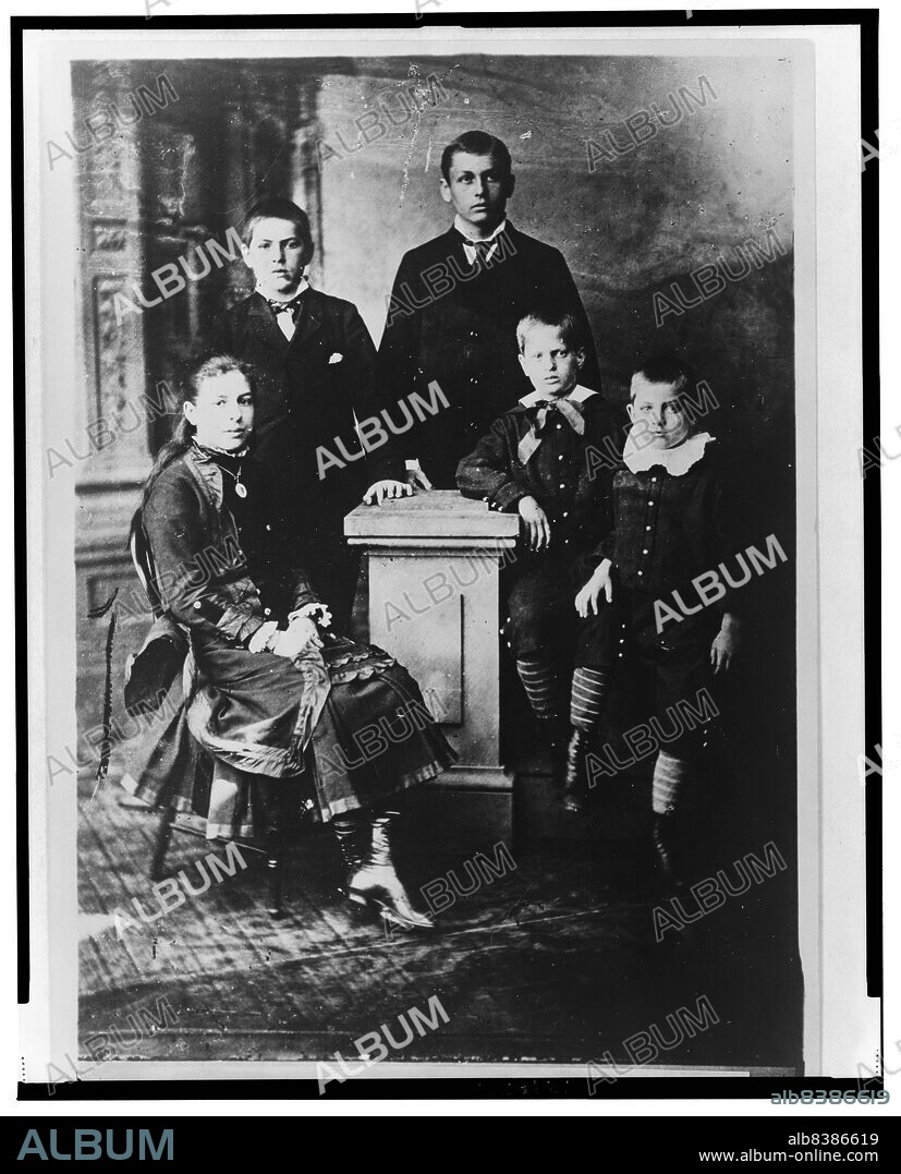 MATHEW BRADY. The Garfield children, c1881, printed later?. Full-length group portrait of (President) James Garfield's children, from left, Mollie, James, Harry, Irvin, and Abe. [Mollie Garfield, James Rudolph Garfield, Harry Augustus Garfield, Irvin McDowell Garfield and Abram Garfield].