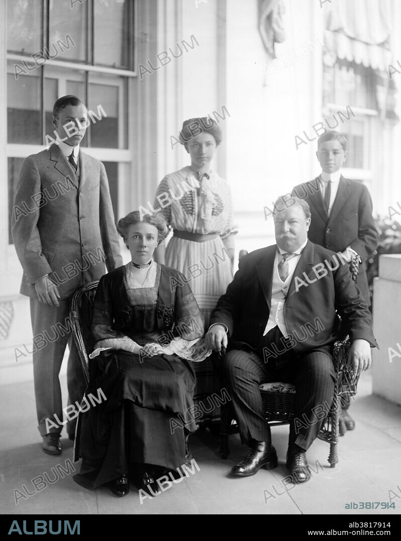 The Tafts celebrating their Silver Anniversary, June 18, 1911. William Howard Taft (September 15, 1857 - March 8, 1930) was the 27th President of the United States (1909-1913) and later the tenth Chief Justice of the United States (1921-1930). He is the only person to have served in both offices. Helen Louise Herron "Nellie" Taft (June 2, 1861 - May 22, 1943) was the wife of William Howard Taft and First Lady of the United States from 1909 to 1913. Nellie graduated from the Cincinnati College of Music and taught school briefly before her marriage. She met William Howard Taft at a bobsledding party in Cincinnati; he was 22 years old, she was 18. After a four year courtship they were married in 1886. Their union produced three offspring; two sons, Robert and Charles, and one daughter, Helen.