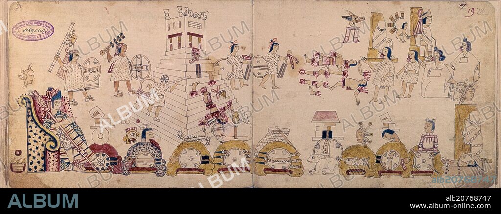 AZTECAS OFRECIENDO SACRIFICIOS HUMANOS EN PRESENCIA DE AXAYACATL PADRE DE MONTEZUMA- S XV.