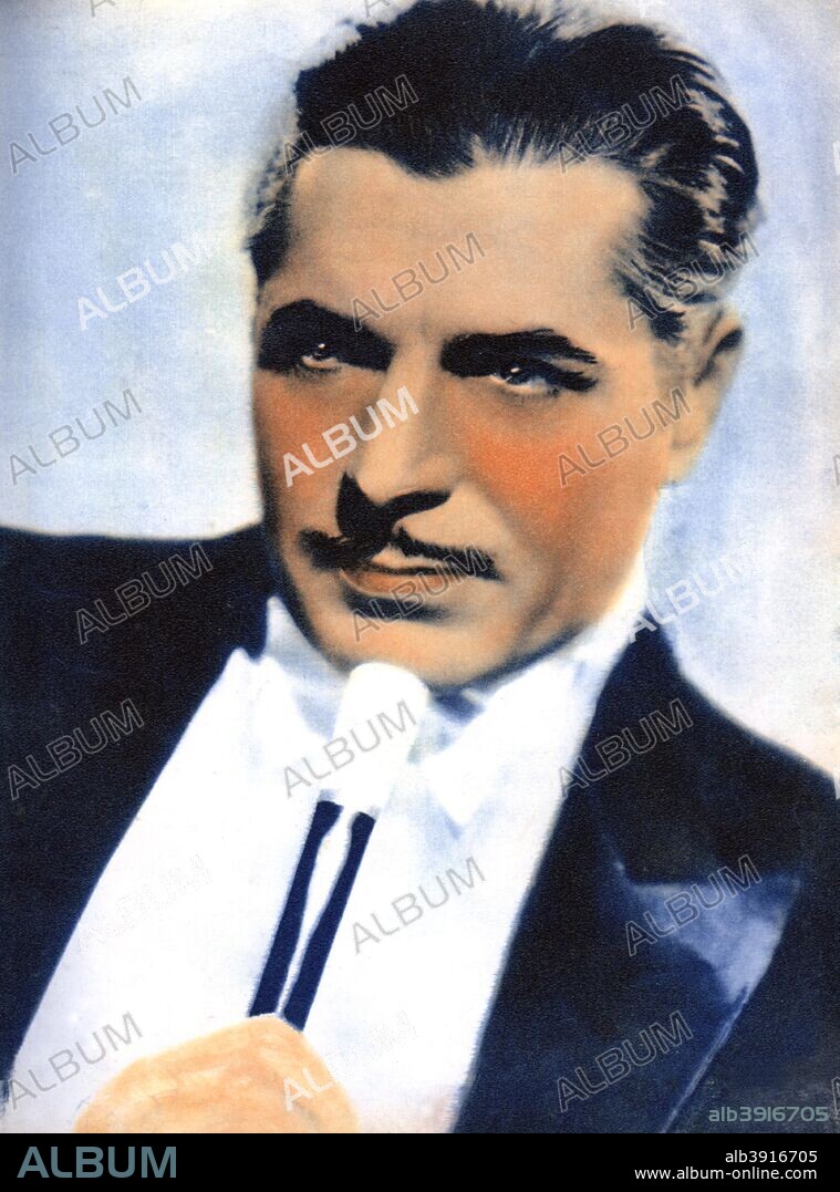 Warner Baxter, American actor, 1934-1935. Baxter starred in In Old Arizona (1929), the first talking Western, a role which won him the Best Actor Oscar. Taken from Meet the Film Stars, by Seton Margrave. (London, 1934-1935).