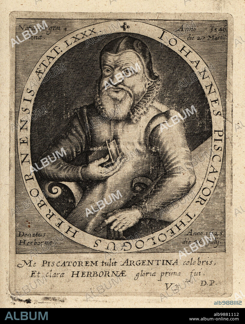 Johannes Piscator or Johannes Fischer, 1546-1625, German Reformed theologian, Bible translator and textbook writer, at age 80. Iohannes Piscator Theologus Herbornensis Aetat LXXX. Copperplate engraving by Johann Theodore de Bry from Jean-Jacques Boissards Bibliotheca Chalcographica, Johann Ammonius, Frankfurt, 1650.