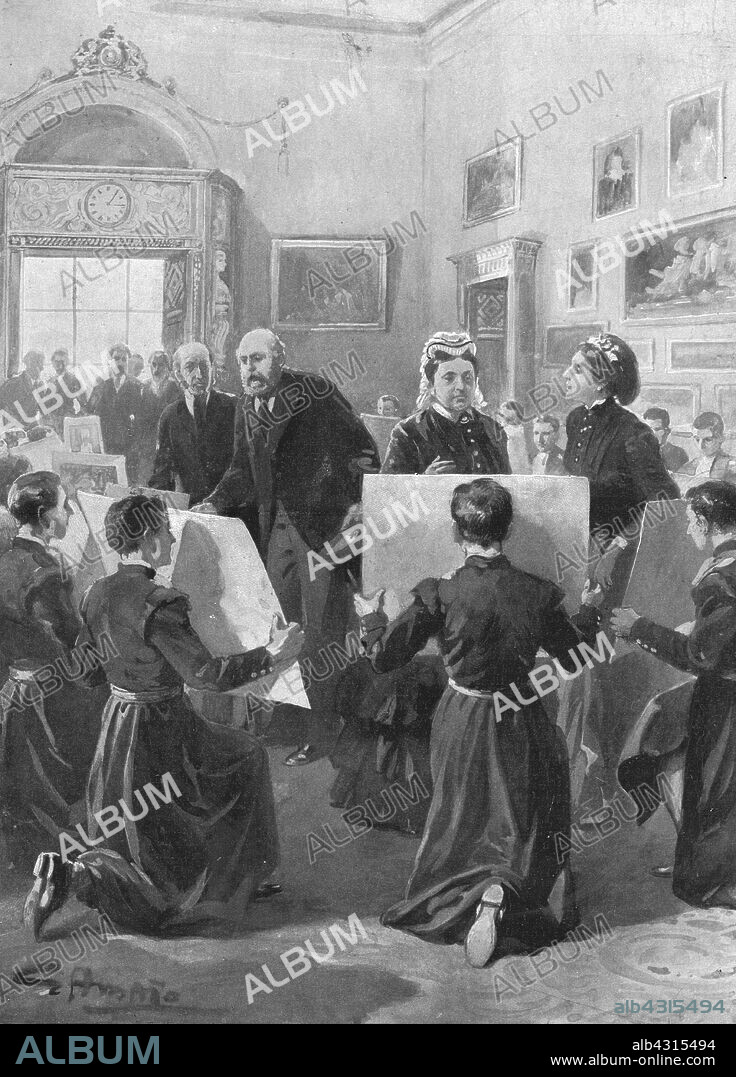 'Bluecoat Boys showing their drawings to Queen Victoria at Buckingham Palace, April 3, 1873', (1901). Queen Victoria (1819-1901) with pupils of Christ's Hospital School - known as Blue-Coat Boys after their Tudor uniform of belted blue coats - at the royal residence in London. From "The Illustrated London News Record of the Glorious Reign of Queen Victoria 1837-1901: The Life and Accession of King Edward VII. and the Life of Queen Alexandra". [London, 1901].