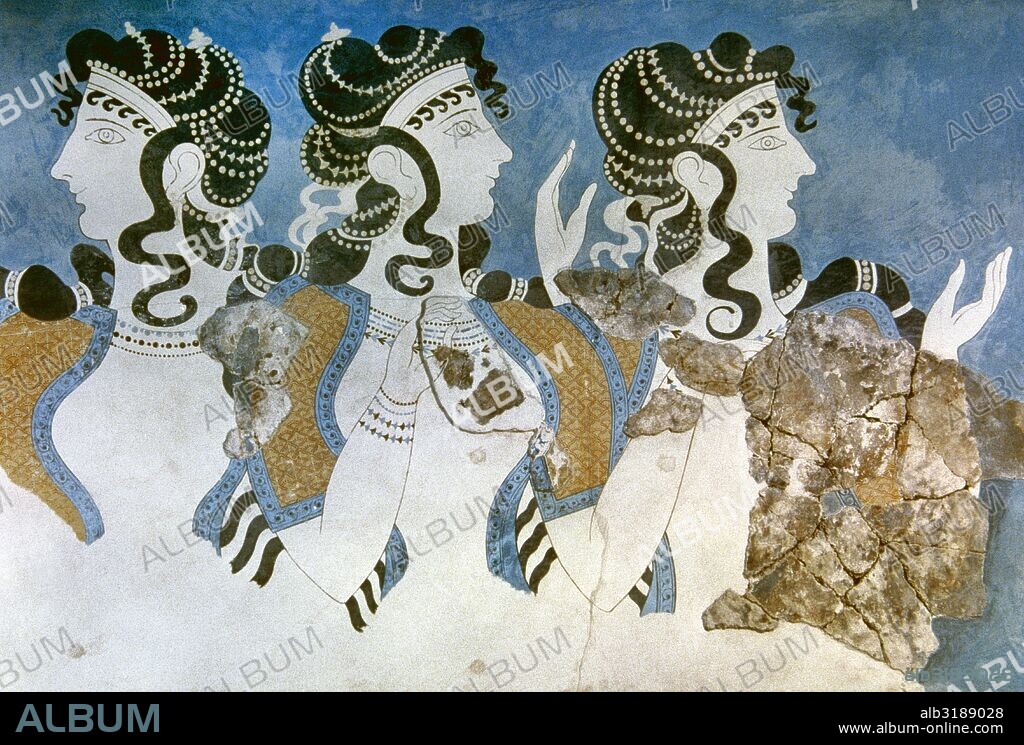 Las Damas de Azul. Fresco minoico, aproximadamente 1500 a. C. Palacio de Knossos. Representa a un grupo de mujeres minoicas presenciando algún tipo de acto o ceremonia. La mayor parte de él ha sido reconstruido. Museo de Herakleion. Creta. Grecia.