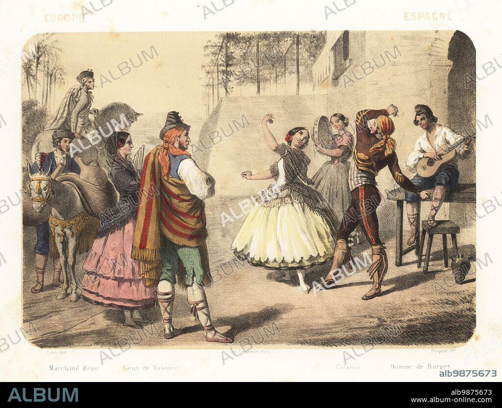 Spanish people dancing in a square, 1858. A water seller with donkey and amphora, a couple from Valencia watch Romany gitanos dancing flamenco with castanets. A man from Burgos in Phrygian cap plays the guitar. Marchand d'eau, gens de Valence, Gitanos, homme de Burgos. Handcoloured and sepia-tinted lithograph by Jean-Adolphe Bocquin after an illustration by Auguste Leloir from Elisabeth Muller (pseudonym of Leonie Bedelet)s Le Monde en Estampes, The World in Prints, Amadee Bedelet, Paris, 1858.