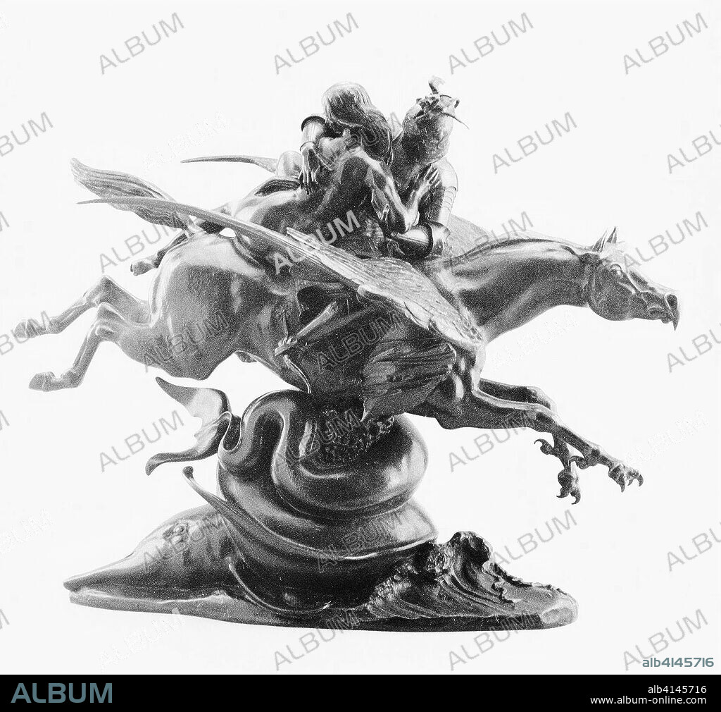 Roger and Angelica Mounted on the Hippogriff. Antoine Louis Barye; French, 1795-1875. Date: 1835-1845. Dimensions: 51.1 × 66.8 × 32 cm (20 1/8 × 26 1/4 × 12 5/8 in.). Bronze. Origin: France.
