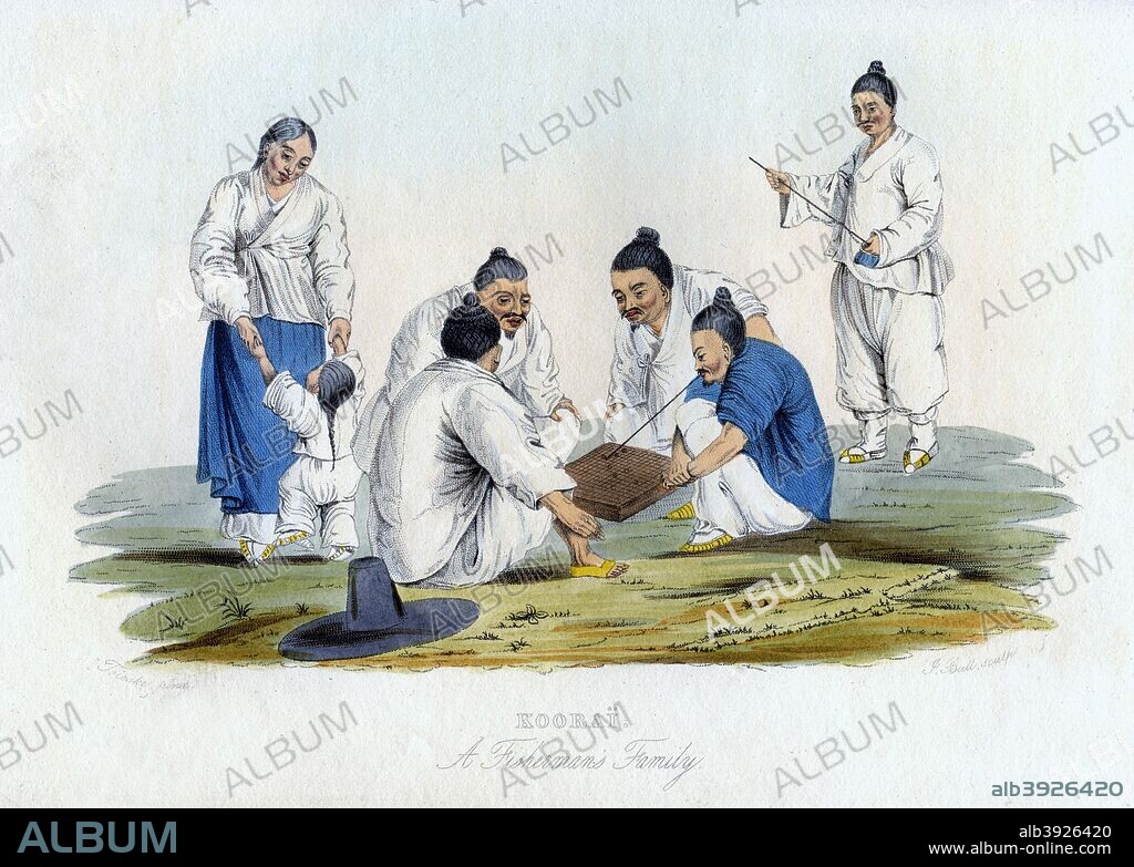 'Koorai, a Fisherman's Family', 1848. Korean fishermen playing baduk (Go). An engraving from the Natural History of Man, by James Cowles Prichard, (Hippolyte Bailliere, London, third edition, 1848).