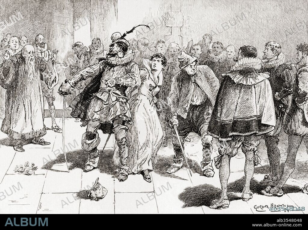 A scene from William Shakespeare's play The Taming of the Shrew, Act III, scene 2. Petruchio: "Fear not, sweet wench, they shall not touch thee Kate, I'll buckler thee against a million." Illustration by Gordon Browne. From The Works of William Shakespeare, published 1896.