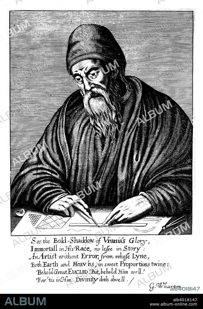 Euclid, Ancient Greek mathematician, 1661. Euclid's (fl300 BC) main achievements in mathematics were in the field of geometry. Frontispiece of an edition of his Elements of Geometry. (London, 1661).