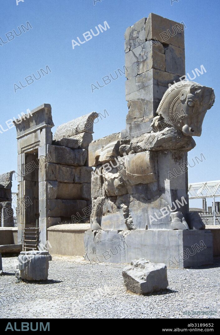 Persepolis , capital of ancient Achaemenid Empire, founded by Darius I (522-486 BC). Palace of 100 Columns. It was started by Xerxes I (486-465 BC) ) and finished by Artaxerxes I (465-424 BC). Column shaped like a bull at the northern gate entrance, 5th century BC. Islamic Republic of Iran.