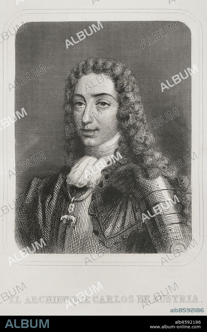 CHARLES GEOFFROY (1819-1882). FRENCH ENGRAVER.. Carlos VI de Habsburgo (1685-1740). Emperador del Sacro Imperio Romano Germánico como Carlos VI (1711-1740). Conocido por el bando austracista como archiduque Carlos de Austria o Carlos III de España, durante la guerra de sucesión española, como pretendiente al trono de España. Retrato. Grabado por Geoffroy. Historia Universal, por César Cantú. Tomo VI. 1857.