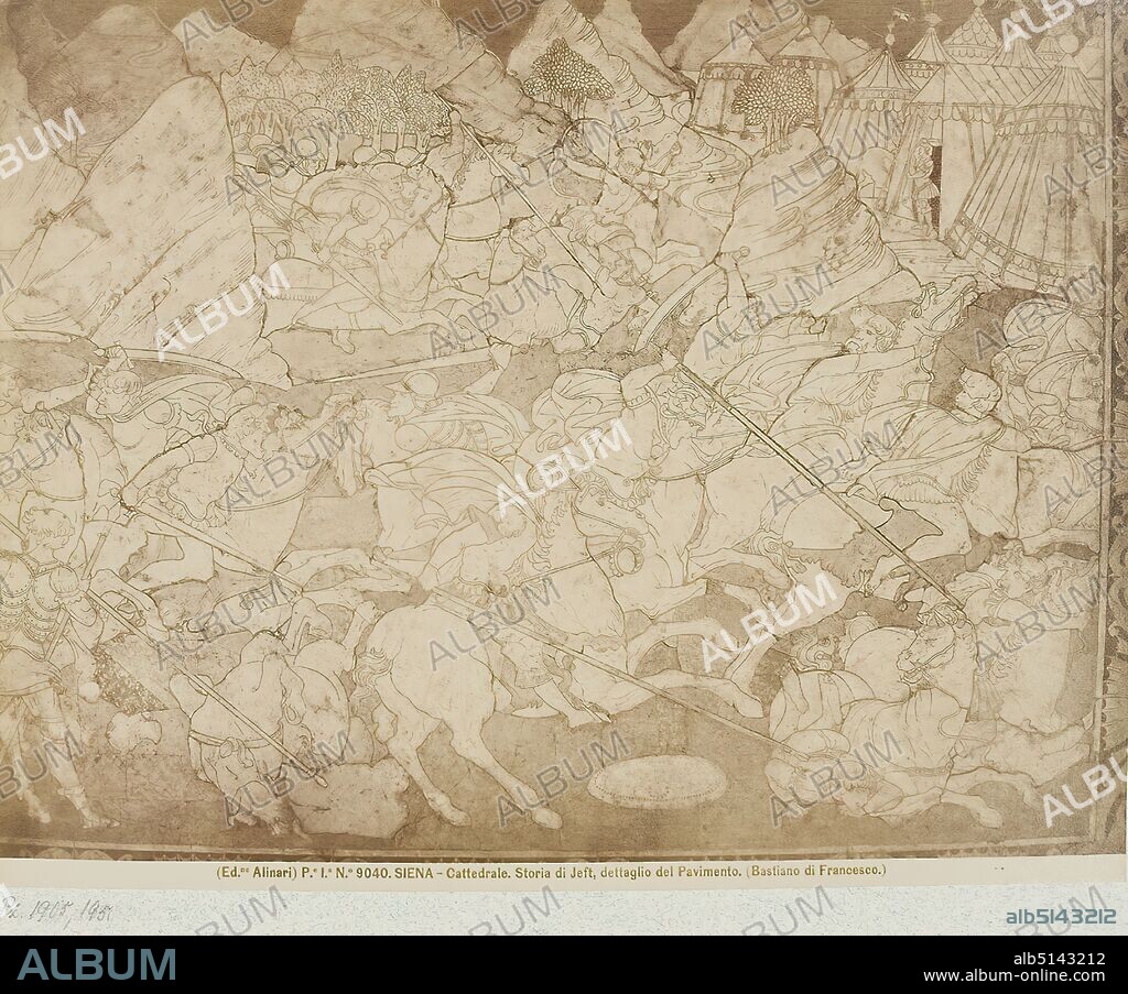 Bastiano di Francesco: The story of Jiftach, detail of the floor in the Cathedral of Siena, albumin paper, black and white positive process, image size: height: 19,70 cm; width: 25,00 cm, SIENA - Cattedrale. Storia di Jeft, dettaglio del Pavimento. (Bastiano di Francesco.) Verso Stamp: MUSEUM OF ART AND INDUSTRY Hamburg, photography, period of Yephta.
