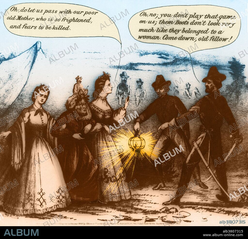 Color enhanced cartoon of the capture of Jefferson Davis. President Jefferson Davis met with his Confederate Cabinet for the last time on May 5, 1865, in Washington, Georgia, and the Confederate government was officially dissolved. He was captured on May 10, 1865, in Irwinville, Georgia. In the confusion, Davis put his wife's overcoat over his shoulders and attempted to flee the Union soldiers, leading to caricatures of him being captured disguised as a woman. In this political cartoon of the time three women are surrounded by Union soldiers. Jefferson Davis is depicted as an old woman, hiding his bearded face behind a veil and being held up by two women. The dialogue bubble over the women's heads reads: "Oh, do let us pass with our poor old Mother, who is so frightened and fears to be killed." But an observant Union soldier points at the "woman's" boots. The dialogue bubble above the soldiers head reads: "Oh no, you don't play that game on us, them boots don't look very much like they belonged to a woman, Come down, old fellow!".
